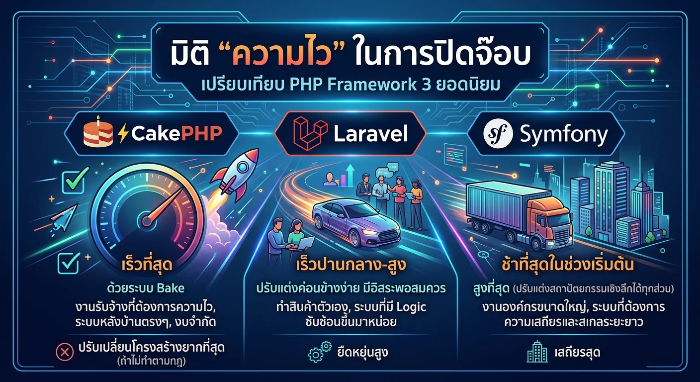 เปรียบเทียบเฟรมเวิร์ก PHP ยอดนิยม 3 ตัว—CakePHP, Laravel, และ Symfony—ในมิติของ "ความไวในการปิดจ๊อบ"